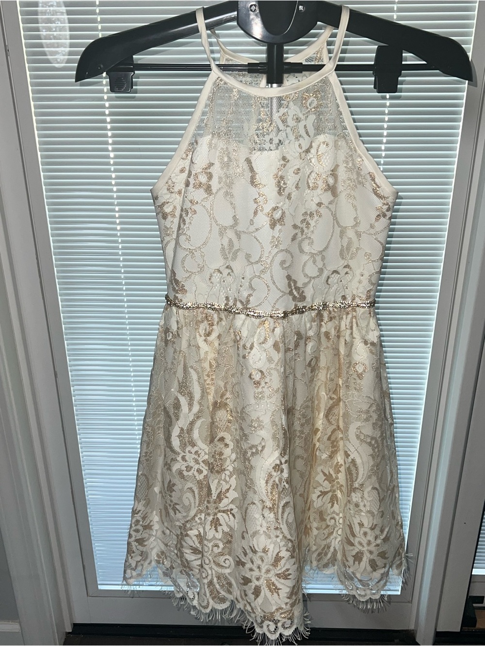 Rare Editions White Satin Formal Dress with Lace Accents